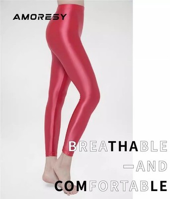 AMORESY Women Glossy Satin Elastic Yoga Sport Leggings Ankle-length Pilates Pant