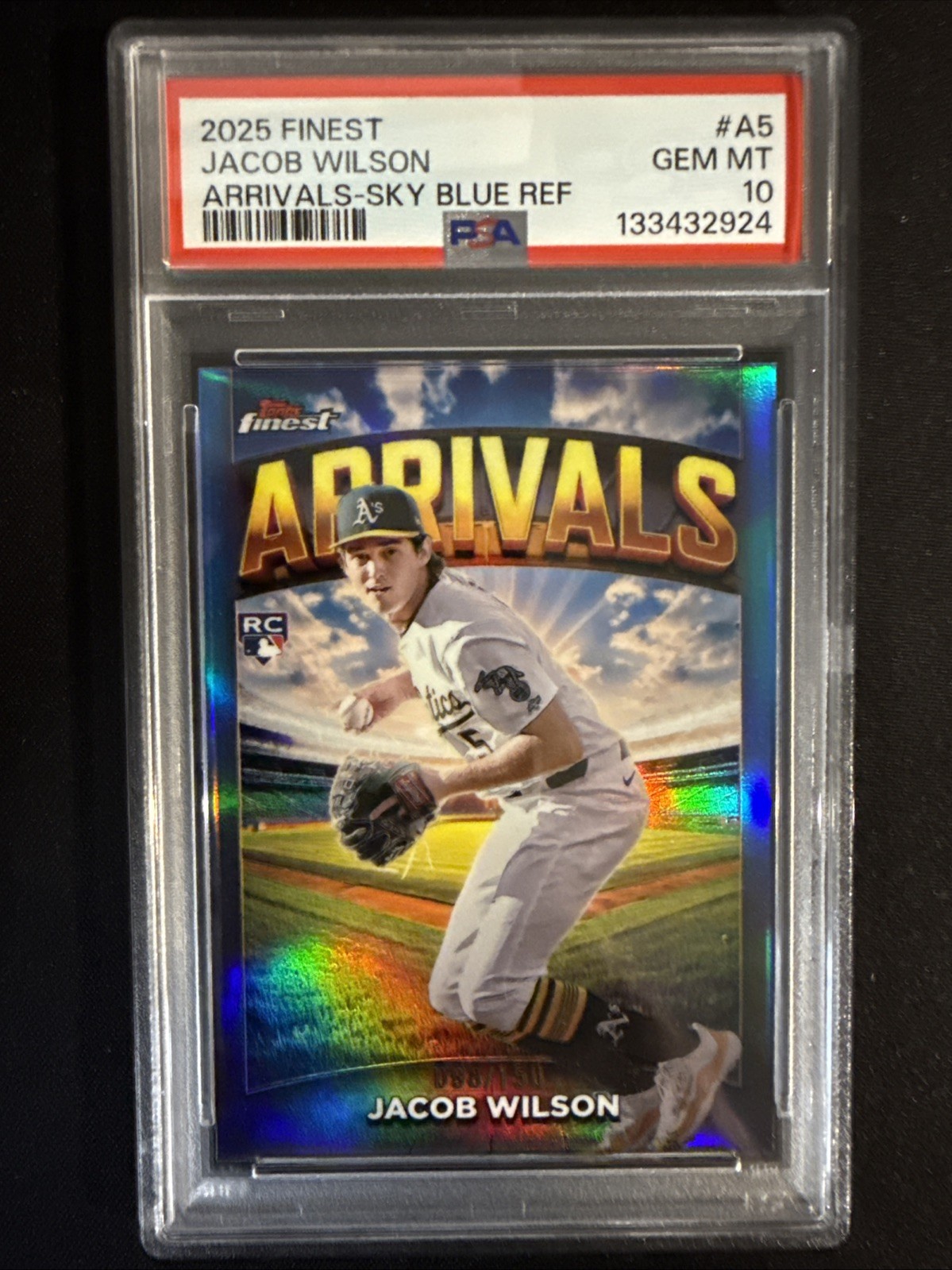 2025 Topps Finest Arrivals Jacob Wilson #A5 Sky Blue Refractor /150 (RC) PSA 10