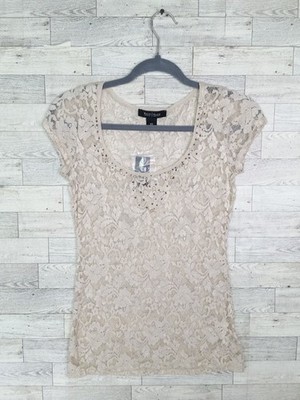 New White House Black Market Ivory Lace Blouse Top Boat Neck XS Beaded Y2K