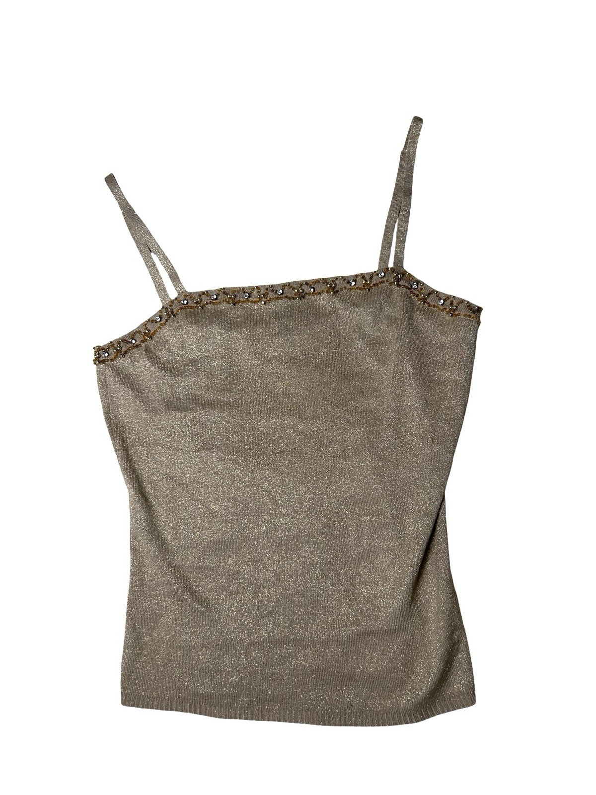 VTG Y2K Cache Silk Blend Beaded Tank Top Size Small Gold Shiny Cropped Holidays