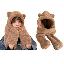 Wuluwala Cute Bear Scarf with Ears Youth Hat Winter Warm Plush 50 50, Brown