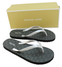 New MICHAEL KORS Women's Size 8 Silver /Black MK Charm Logo Flip Flops MSRP 75