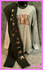 Victoria's Secret Pink Bling Campus Tee Shirt  Leggings Set Rose Gold Stars M L