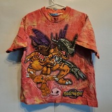 Vtg 1999 Digimon Tie-Dye Print T-Shirt Youth Large 10/12 Metal Greymore Koromon