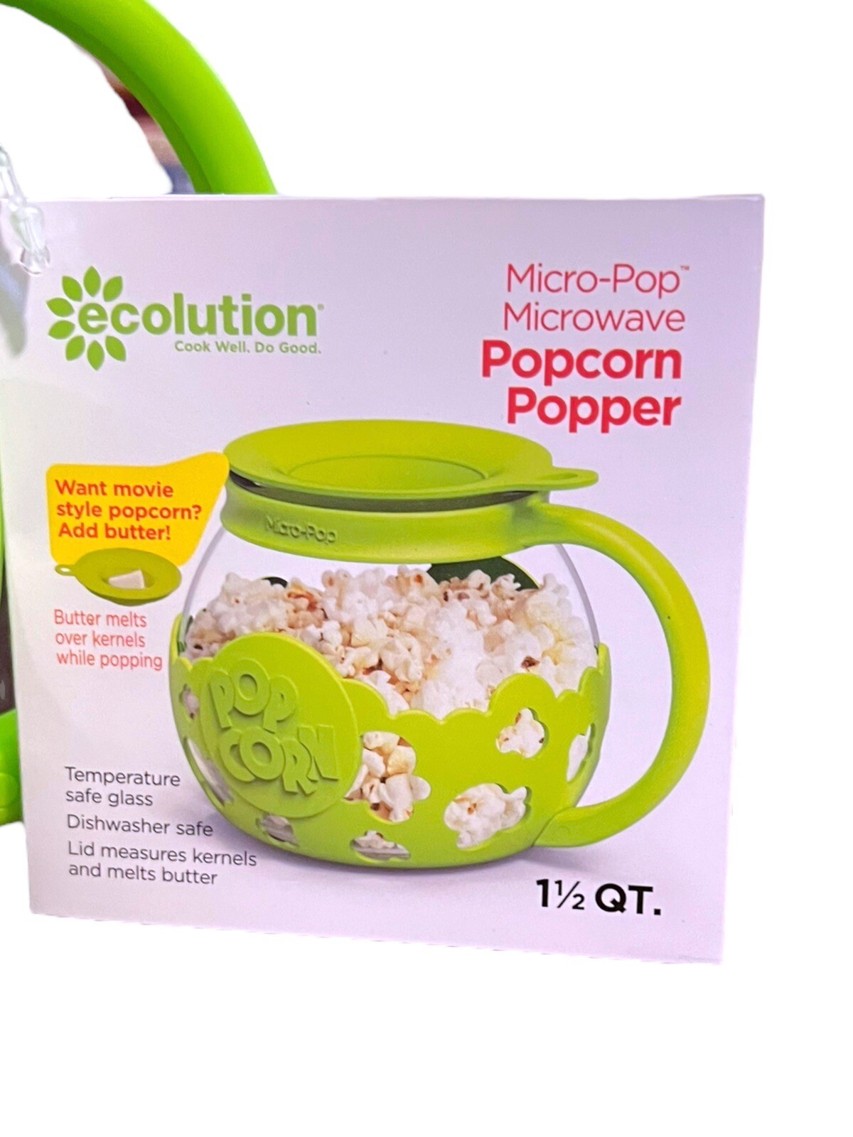 NIB Ecolution Microwave Micro-Pop Popcorn Popper Lime Green 3-in-1 Lid 1.5 Qt
