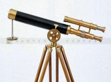 Nautical Navy Brass Double Barrel 18" Telescope With Wooden Tripod Stand Marine