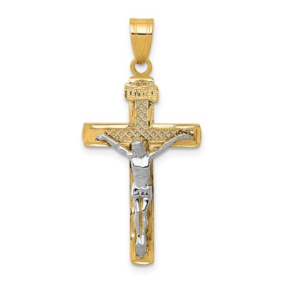 10K Two-tone Gold Diamond-cut Medium Block Lattice Cross w/Crucifix Pendant