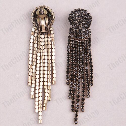 CLIP ON 3"long JET BLACK CRYSTAL glass rhinestone EARRINGS vintage brass BIG 7cm - Picture 2 of 2