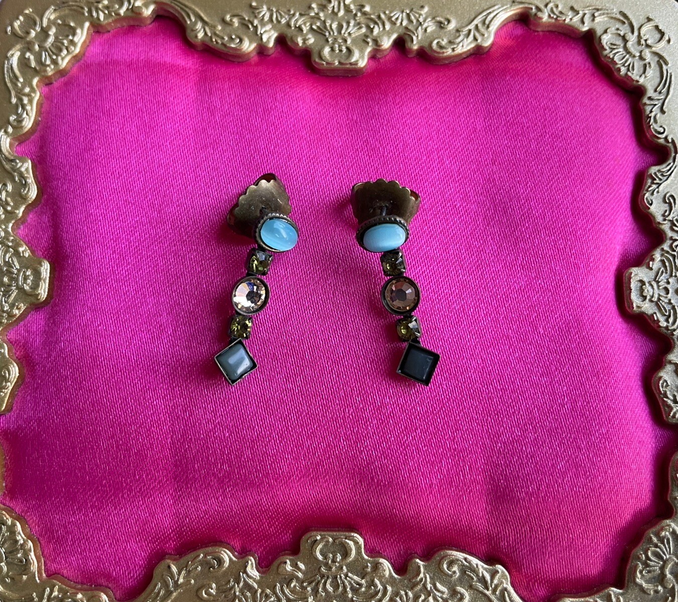 Sorrelli Vintage Blue Cat's Eye Green Gold Tennis Earrings with Swarovski Crystals