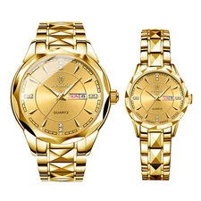 Men Women Luxury Date Calendar Gold Tone Stainless Steel Analog Quartz Watch