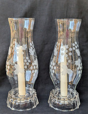 VTG PAIR ELEGANT ETCHED GLASS HURRICANE CANDLE HOLDER GRAPE SHADE GLOBE 11.25"