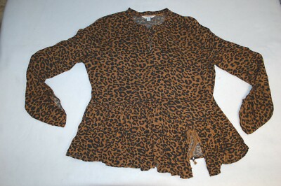 Womens L/S Peplum Shirt BROWN BLACK LEOPARD PRINT Front Slit V-NECK Ruffle S 4-6