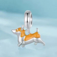 S925 Cute Sterling Silver Platinum-Plated Corgi Dog DIY Pendant Beads Gift