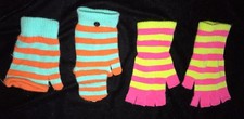 2 pair GIRLS STRIPE WINTER GLOVES 1 FOLDS BLACK 2 FINGER TIPS EXPOSED CUTE COLOR