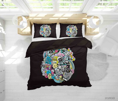 3D Graffiti Monster handgezeichnet schwarz Quilt Cover Set Bettwäsche Sets Ki...