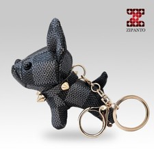 French Bulldog Keychain with Plaid Leather Design Cute Charm Keyring Black Small