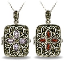 Collar Medallón Flor Marcasita Piedras Preciosas Tono Plata, 2 Colores
