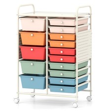 15-Drawer Rolling Cart w/Pegboard, Mobile Utility Organizer on Wheels w/2 Brakes