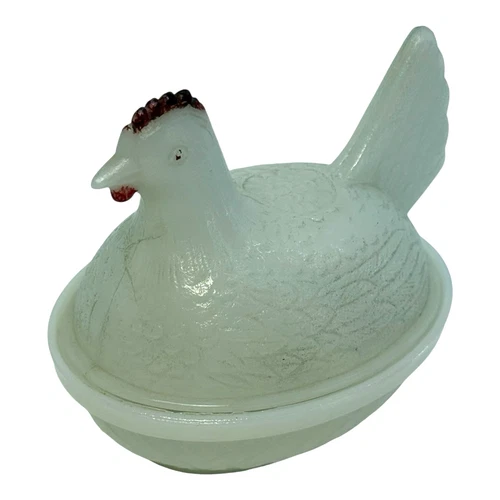 Milk Glass Hen on Nest Covered Dish Red Comb Farmhouse 4" T HON Unmarked Vintage