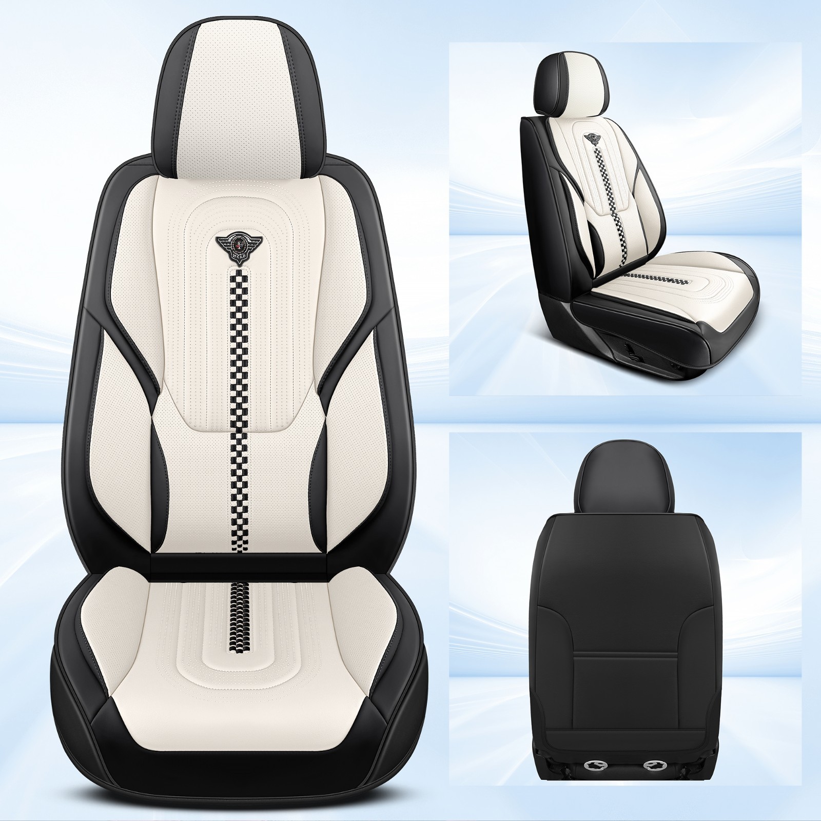 Menifomory Leather Seat Covers with Lumbar Support Fit Car Auto SUV Black+White