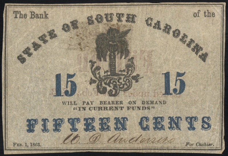US Paper Money 1863 15¢ State of South Carolina Civil War Note NO RESERVE!