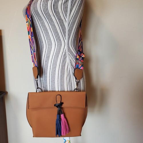 Threaded Pear Tan Vegan Leather Crossbody Bag Geometric Guitar Strap Tassels