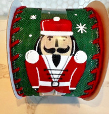 Nutcracker Dark Green With Red Yarn Edges Wired Christmas Ribbon 2.5" X 20' NEW