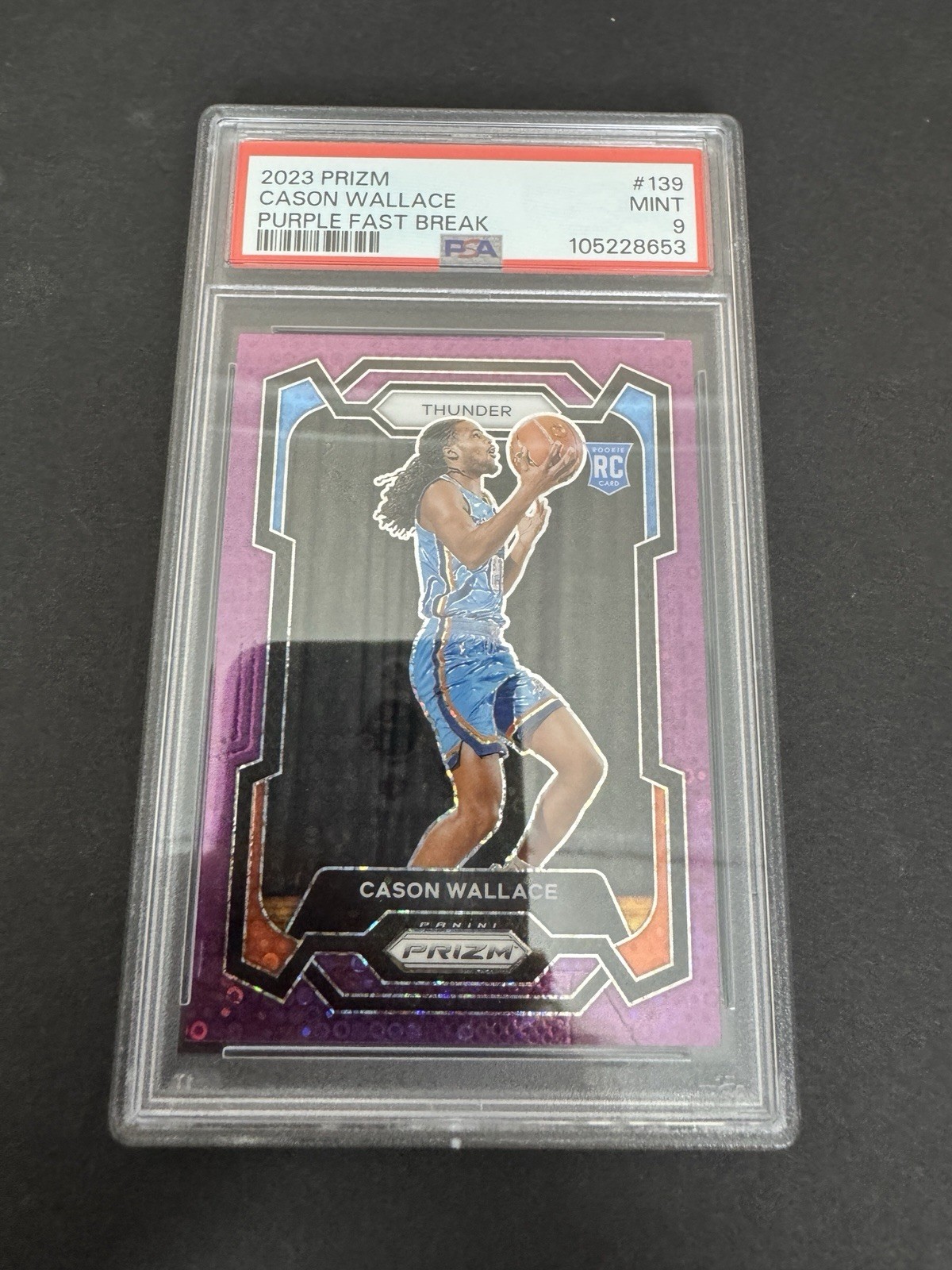 2023 PANINI PRIZM PURPLE FAST BREAK #139 CASON WALLACE ROOKIE RC /75 #139 PSA 9
