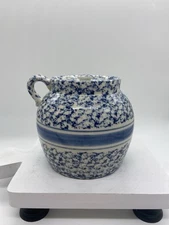 Crock with Lid   Sponge-ware Ceramic Bean Pot White And Blue Prestige Place