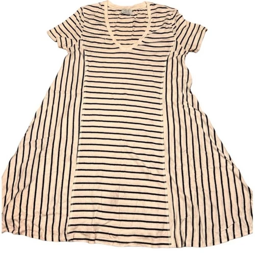 OFF WHITE T shirt Zara Trafaluc manica corta scollo V abito tunica taglia S bianco sporco blu righe