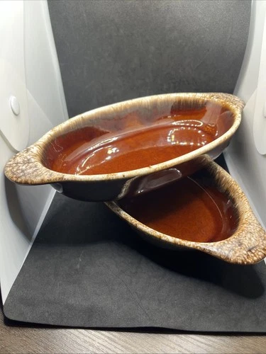 Two -2 Hull Pottery Brown Drip Oval Au Gratin Oven Proof Baking Casserole Dishes