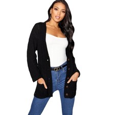 Women Ladies Cable Chunky Knit Cardigan Button Long Sleeves Grandad Cardigan