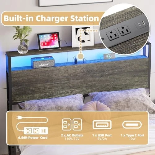 Sized Headboard with 2 Tiers Storage Shelves, Sturdy and Stable Full Black Oak - Image 4 of 4