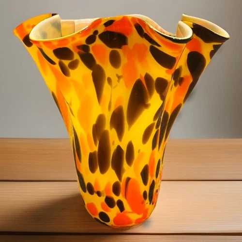 Vintage Hand Blown Fazzoletto Style Murano Vase Art Glass 9” Yellow Orange Brown