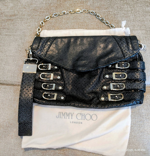 Jimmy Choo Brix Clutch Anthracite Metallic Shoulder Bag Buckle Peach Dust Bag
