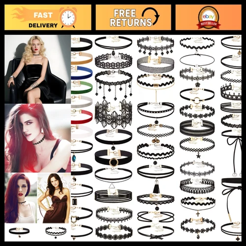 52 PCS Gothic Black Lace Velvet Choker Necklace Set - Cute Classic Collars - product listing photo