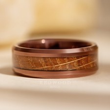 Brown Tungsten Ring, Whiskey Barrel Wood Inlay - 8mm