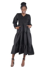 Black Smocked Maxi Tiered Dress w/ Headwrap Long Sleeve Cotton