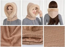 Women Winter Thermal Plush Hat Hood Scarf Mask Windproof Warm Outdoor Riding