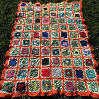 Crochet Multicolor Granny Square Afghan Handmade Orange Fringed Trim 58'' x 80 