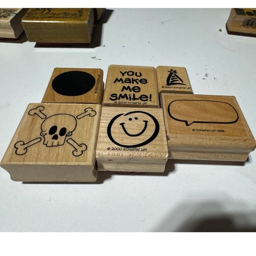 Stampin Up Wood Rubber Stamps Mixed Lot of 6 Skull Smiley Face Speech Bubble