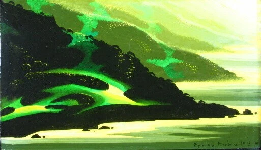 Eyvind Earle Original Painting Acrylic on board 1997 Meadowed Coastline Signed Foto 3 de 4