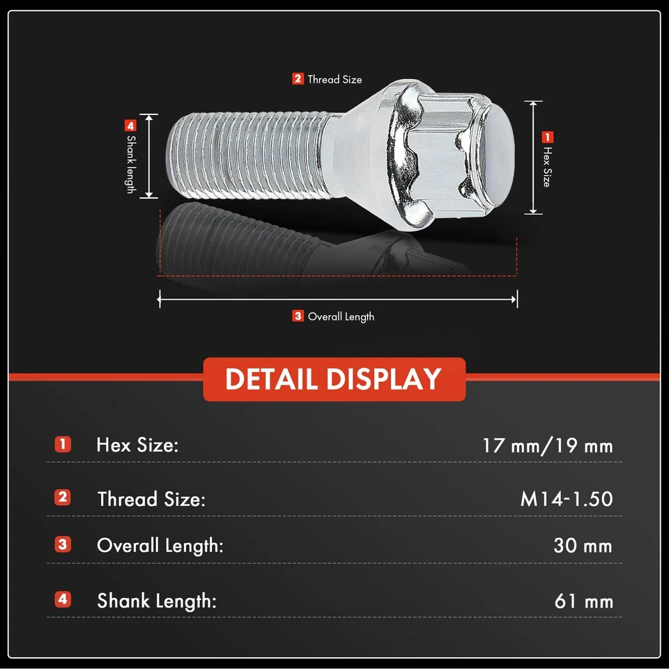 5x parafuso prisioneiro de trava de roda cromado sextavado M14-1.5 17/19mm para Volvo S60 S80 XC70 XC90 - Imagem 2 de 4