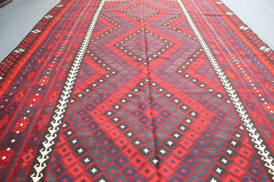 1980s Afghan 8'6x14'2 ft Traditional Flatweave Rug, Geometric Dining Room Rug - Image 2 of 4
