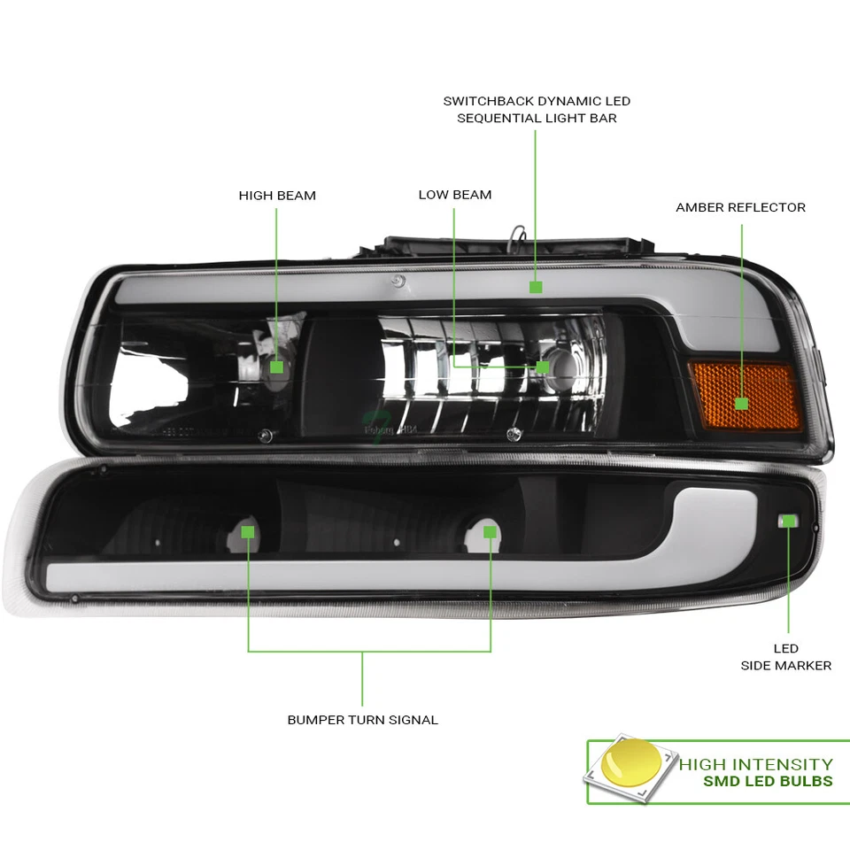 TLAPS For 99-02 Silverado/Tahoe Switchback Sequential LED Headlights 4p - Black Foto 3 de 4