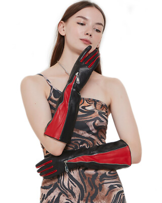 Women  Mid Visible Zipper Long Gloves Tone Colors Real Sheep Leather Gloves
