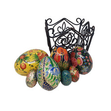 Vintage Floral Paper Mache Easter Eggs Lot Of 7 With Metal Basket Decorative