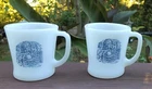 2 Vintage Currier & Ives Milk Glass Fire-King Coffee Mug Cup Blue Children Fence