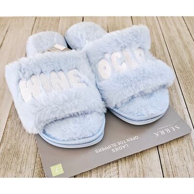 Aldi Size 7 Wine O'Clock Light Blue White Embroidered Ladies Open Toe Fuzzy