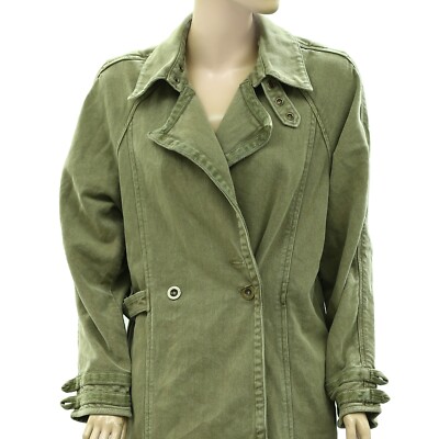 トップス Reee Free People Olive Green Solid Trench Coat Jacket Top Collared